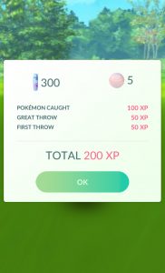 Note Bonus Candy for catching an evolved Pokémon - Exeggcutor - and bonus XP for First Throw