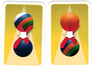 Stacking rule cards. Left: Blue cannot be underneath any ball. Orange cannot be above any ball.