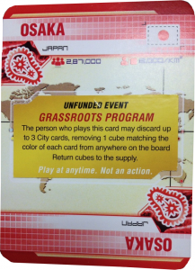 Pandemic: Legacy sample City card with Unfunded Event sticker