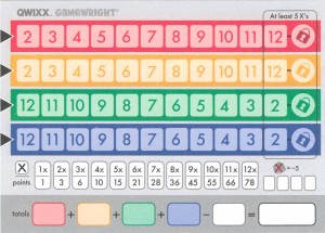 Qwixx Scoresheet - Give one to each player. Note that the red & yellow rows are in ascending order while the blue & green are in descending order.