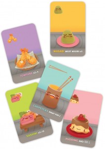 Sushi Go! cards: Tempura, Wasabi, Sashimi, Chopsticks, Pudding